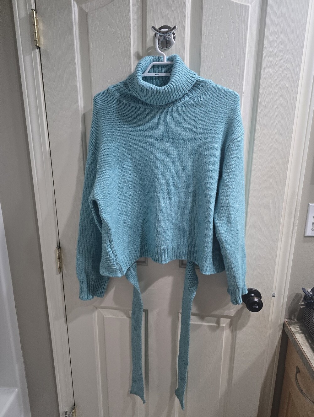 Turtleneck Cropped Tie-Back Sweater - Light Teal